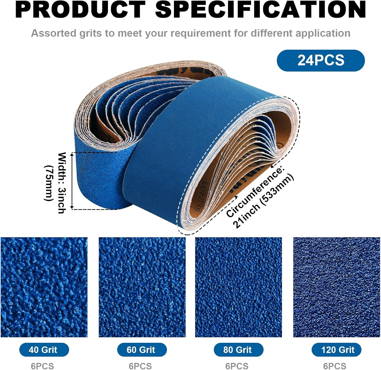 3 x 21 Belt Sander Sanding Belts, 24 Pcs 6 Each of 40/60/80/120 Assorted Grit…