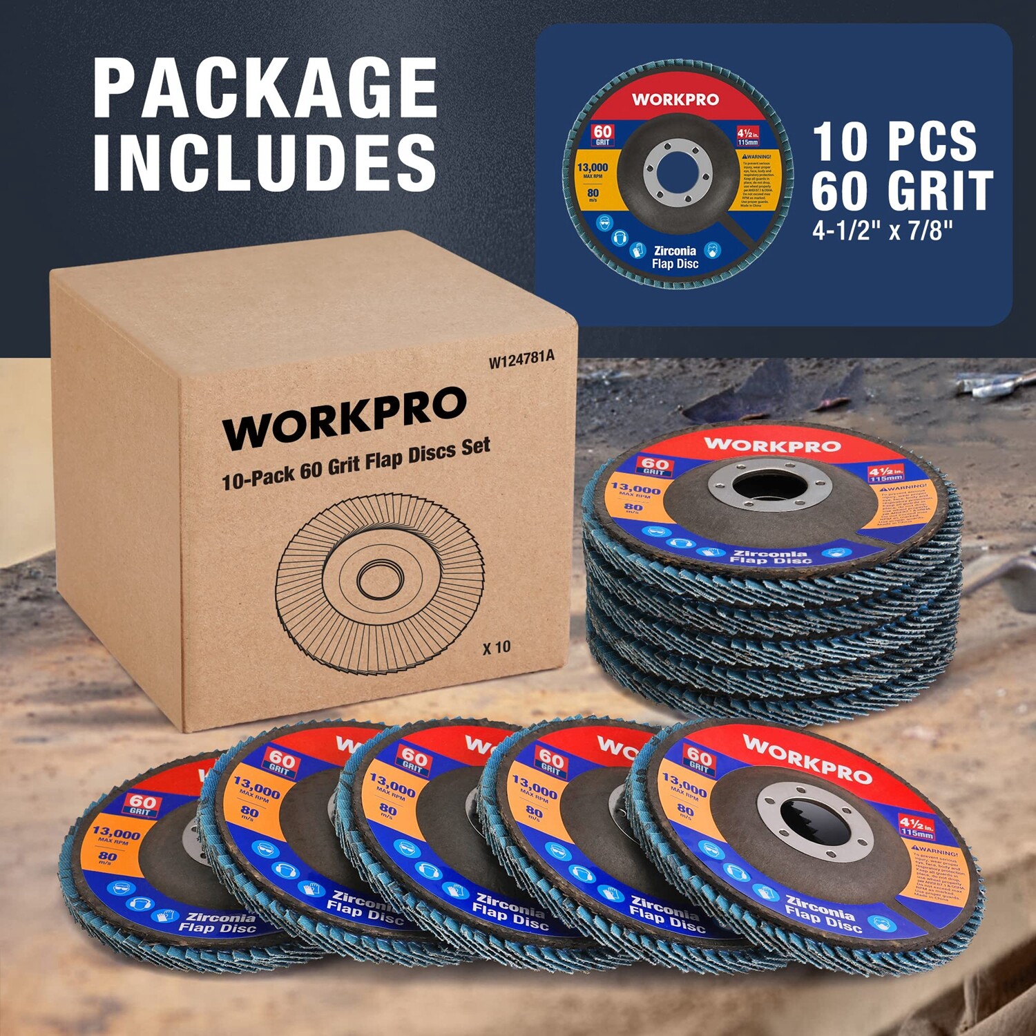 WORKPRO 10PCS Flap Disc 4-1/2″ x 7/8″ 60Grits T29 Zirconia Abrasive Sanding Disc