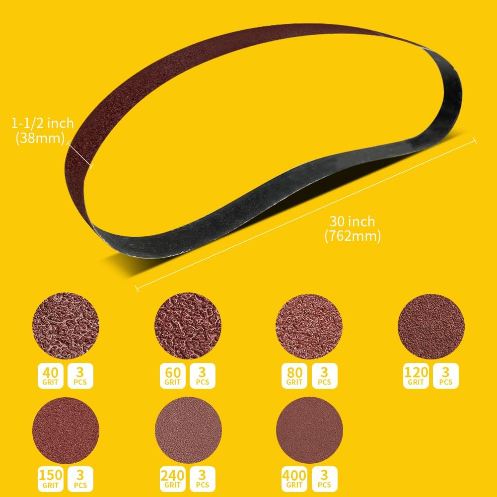 21 Pcs 1-1/2 x 30 Inch Assorted Aluminum Oxide Belt Sander Sanding Belt – 3 E…