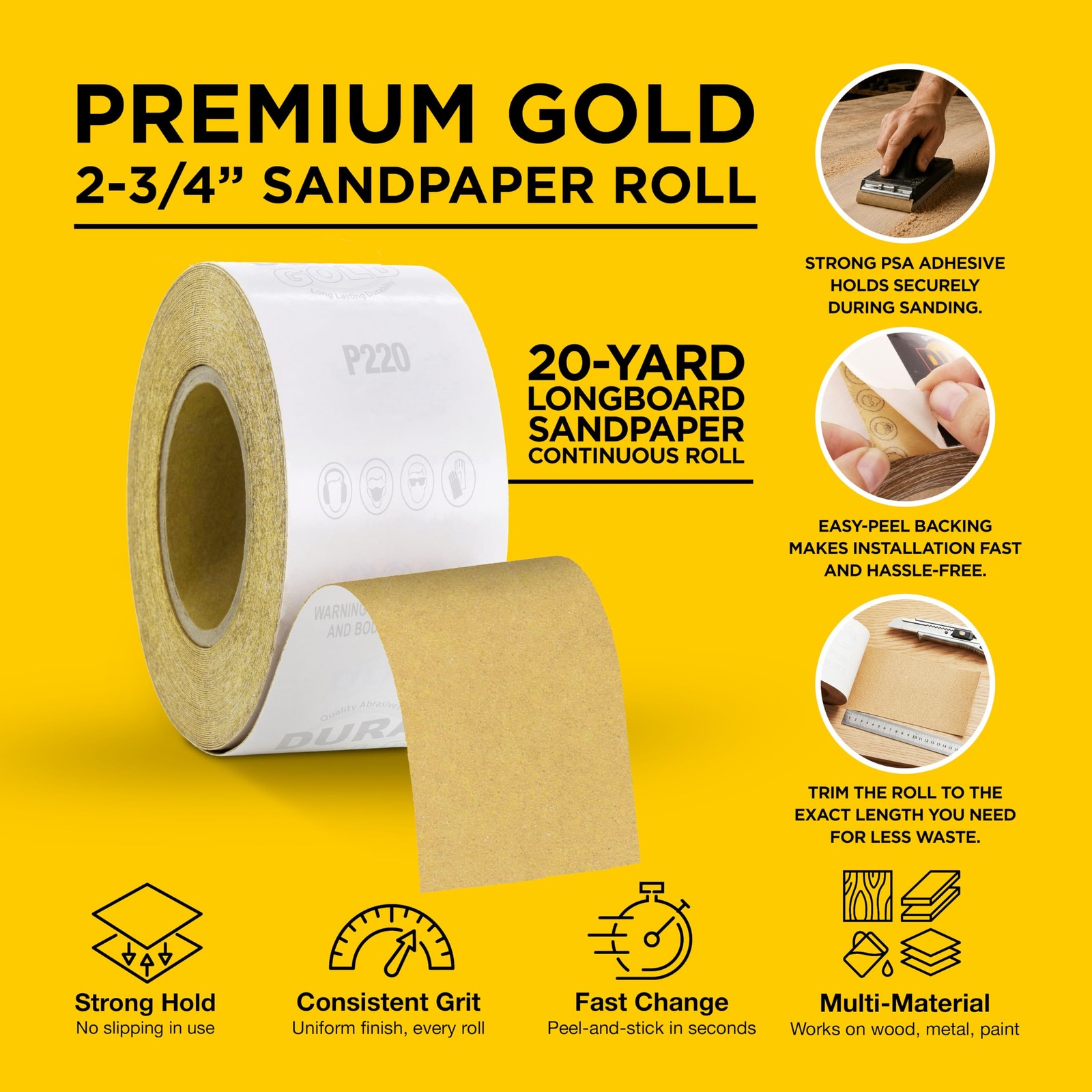 Dura-Gold Premium Gold 220 Grit PSA Longboard Sandpaper, 20 220-Grit,