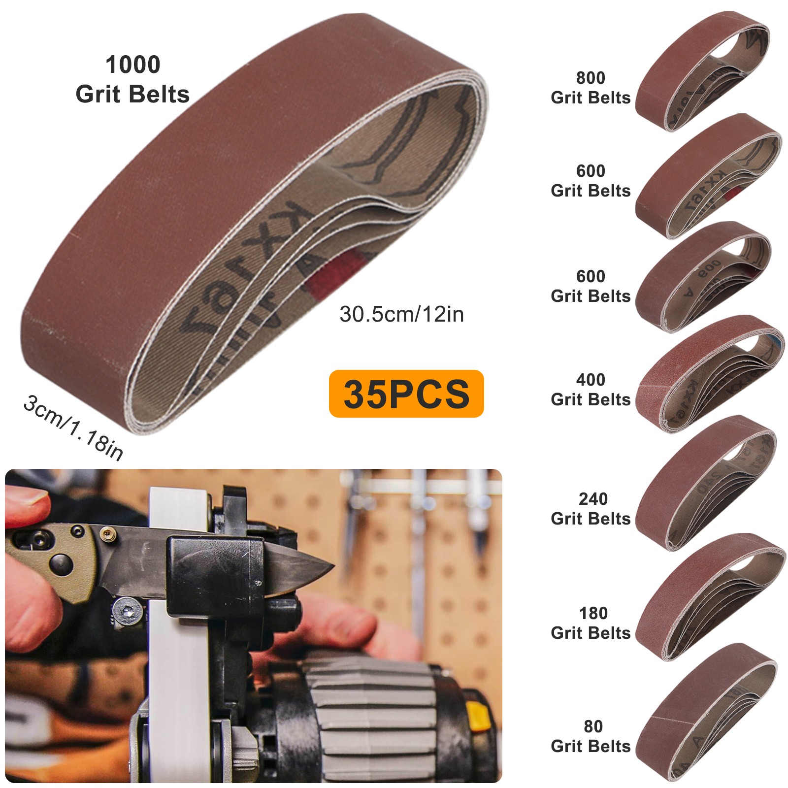 35pcs 1.18×13″ Sanding Belts 80-1000Grit for Mini Belt Sander Knife Metal Wood
