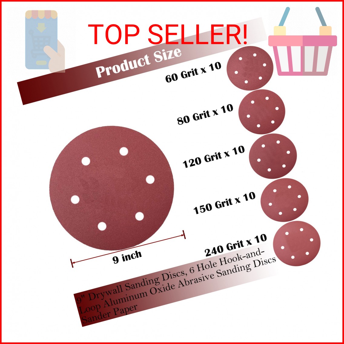 Tonmp 50 PCS 9 Inch 6 Hole Drywall Sanding Discs Set -10 Each of 60 80 120 150 2