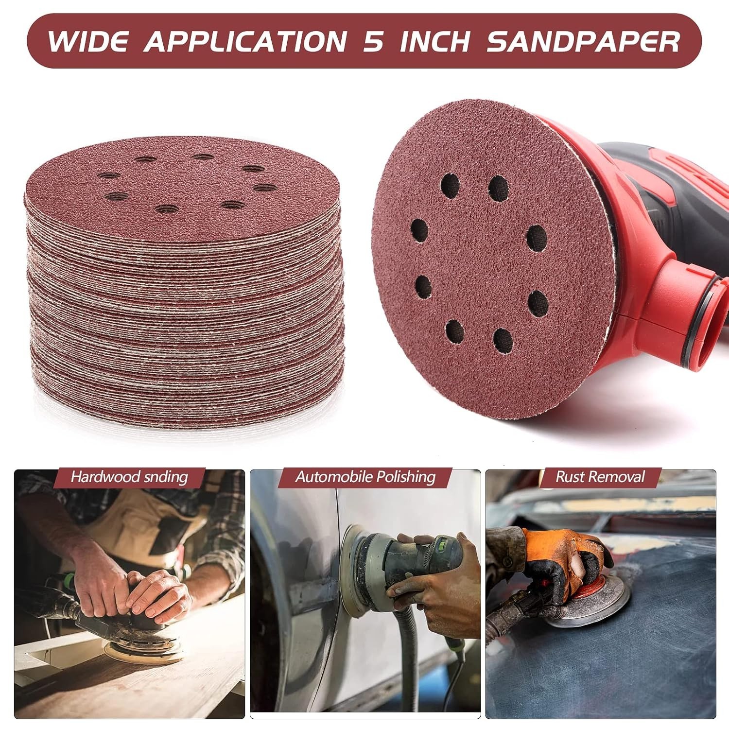 5 Inch Sandpaper 40 Grit, Coarse Grit 8 Hole Sanding Disc Hook and Loop Sandp…