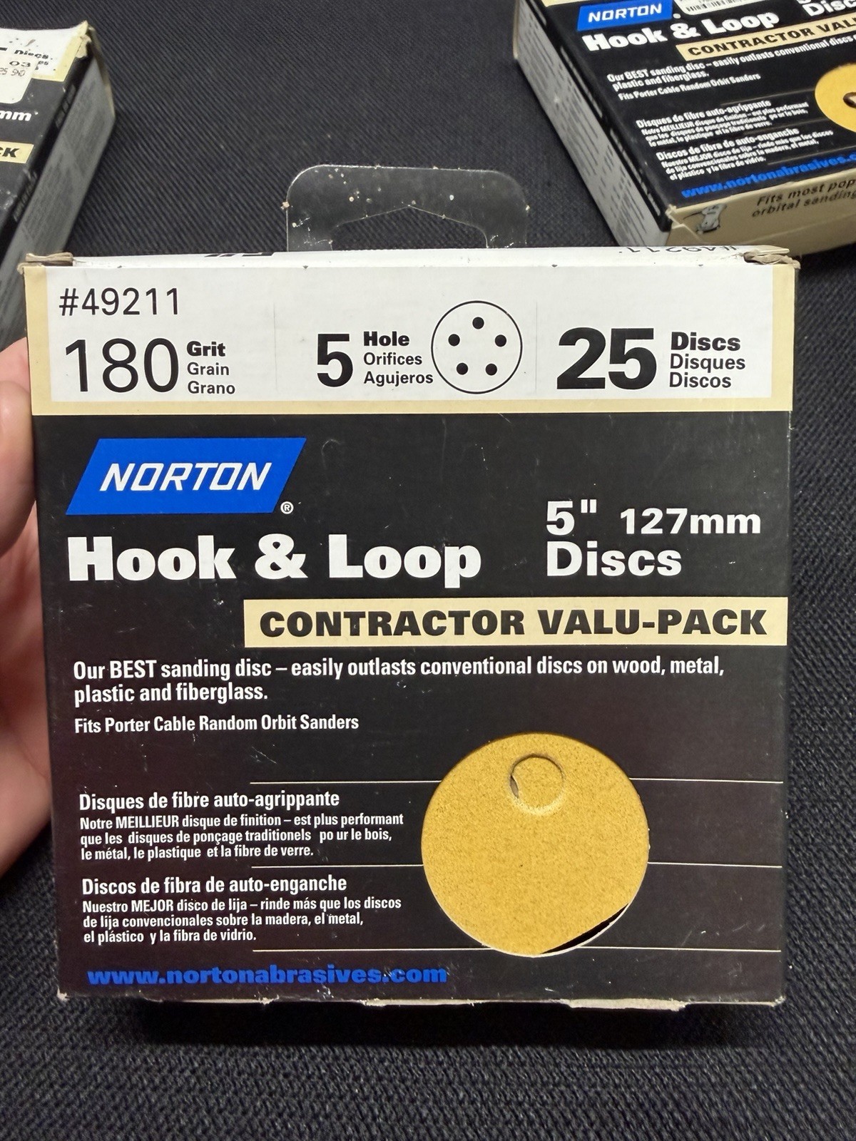 Norton Hook & Hoop 5” 127mm Discs 25 Pack, 3 Packs; 120, 180, 220 Grit