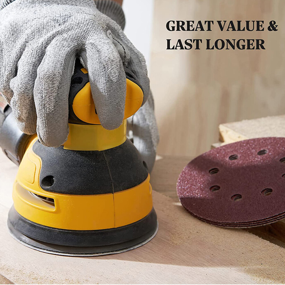 100Pcs 5 inch Sanding Discs 8-Hole Hook Loop for Orbital Sander Paper 150 Grit