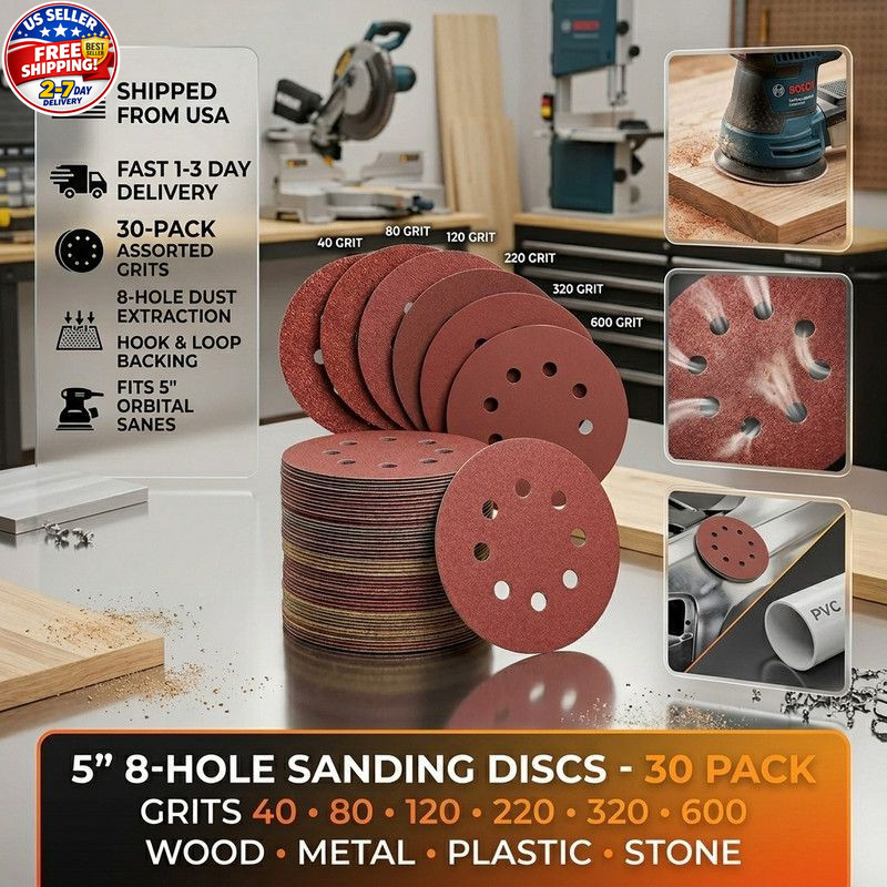 30 Pack 5 Inch 8 Hole Hook and Loop Sanding Discs Assorted Grit Orbital Sander