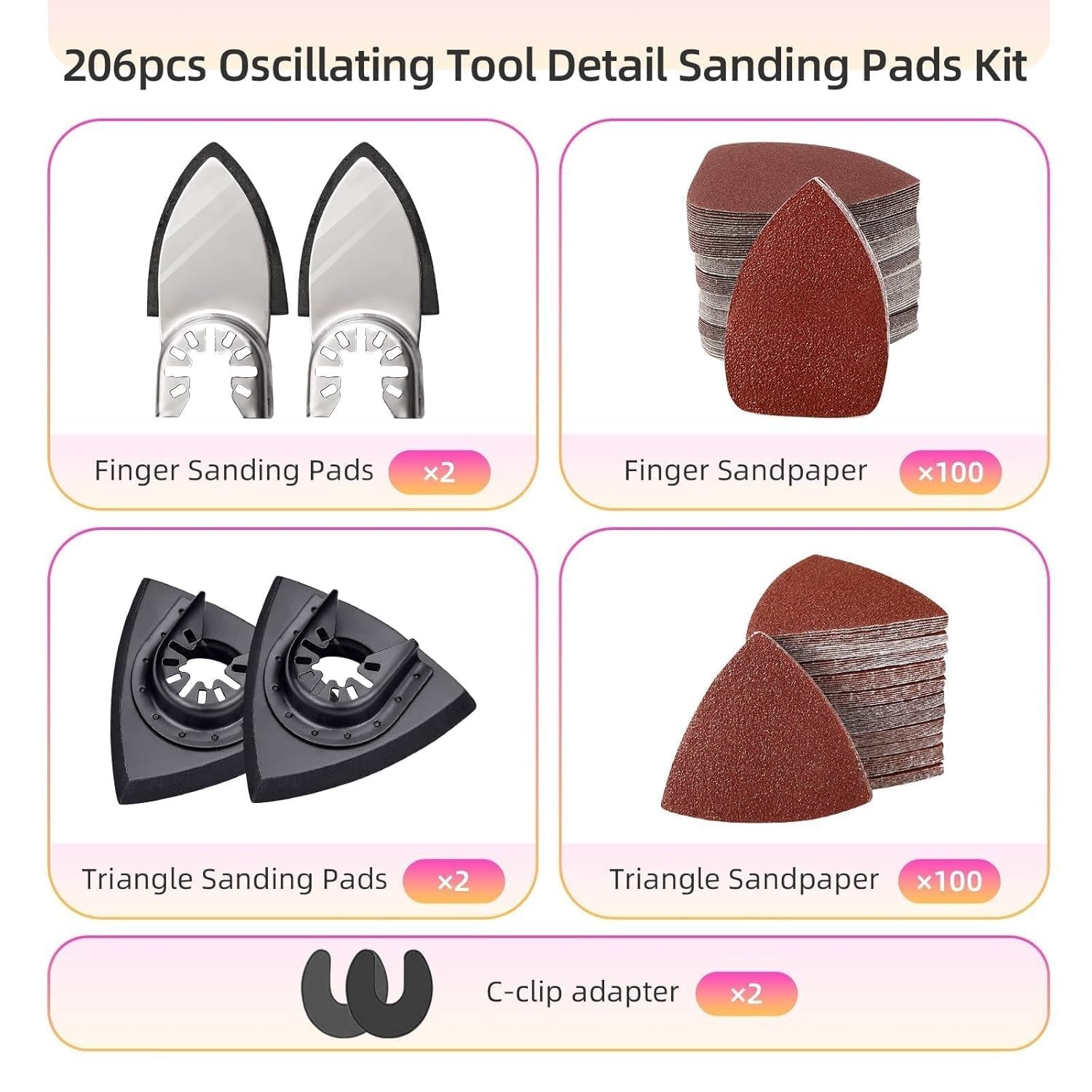 206Pcs Oscillating Tool Detail Sanding Pads Kit 2Pcs Triangle Sanding Pads New