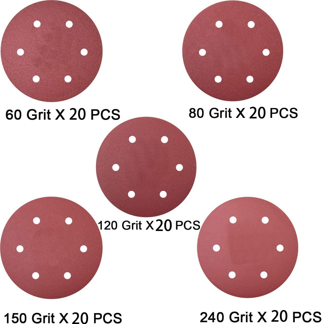 Tonmp 100 Pack 9-Inch 6-Hole Aluminum Oxide Hook-and-Loop Sanding Discs for 9