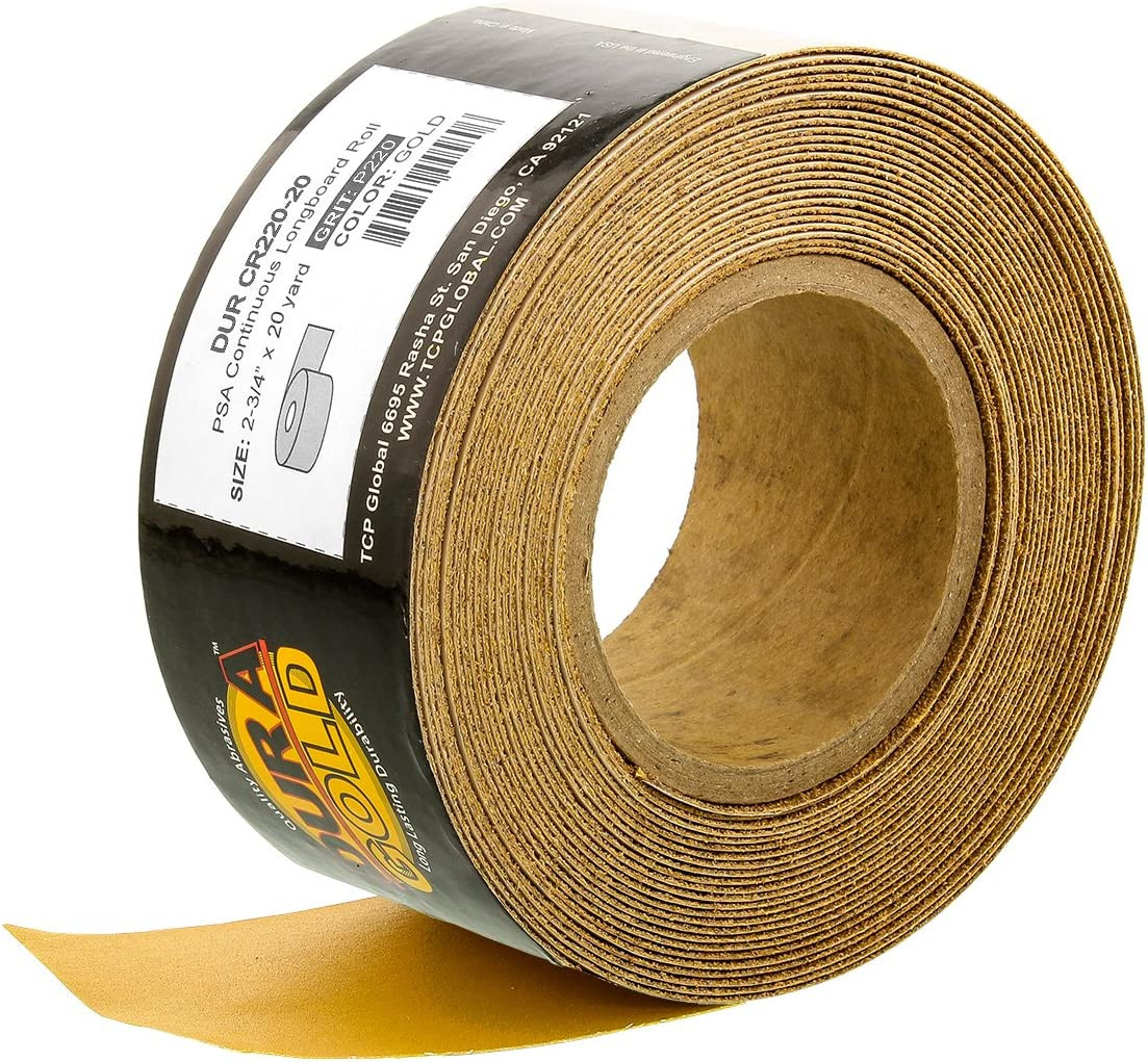 Premium Gold 220 Grit PSA Longboard Sandpaper, 20 Yard Roll, 2-3/4″ Wide, Self A