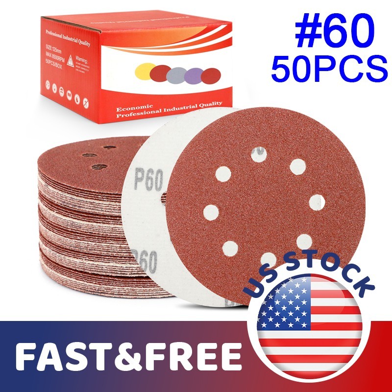 50Pc 5inch Sanding Discs 60 Grit Hook Loop 8-Hole Orbital Sander Paper DIY Acces