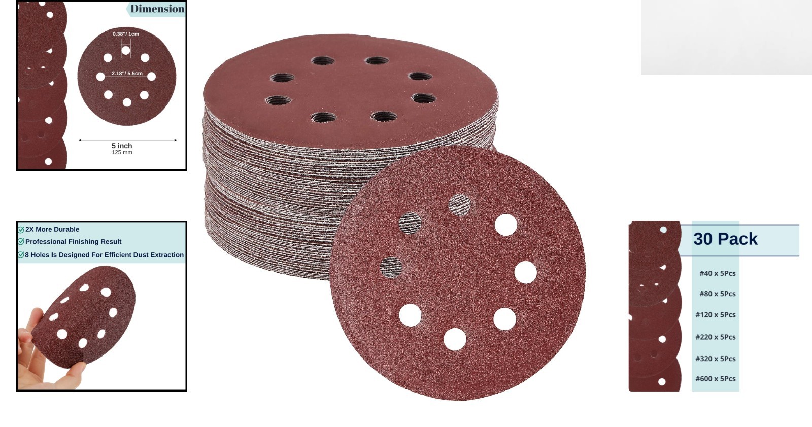 High-Quality 5″ Round Sanding Discs 30 Pack – Excellent for Wood, Metal, Glass