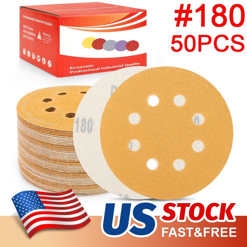 50Pc 5 inch Sanding Discs 8-Hole Hook Loop for Orbital Sander Paper 180 Grit Wet