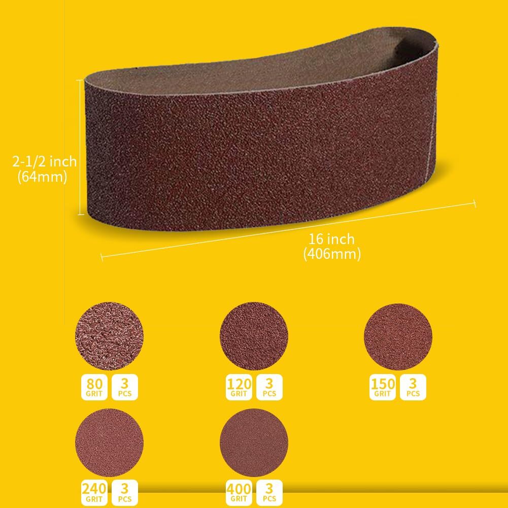 15 Pcs 2-1/2 x 16 Inch Assorted Aluminum Oxide Belt Sander Sanding Belt – 3 E…