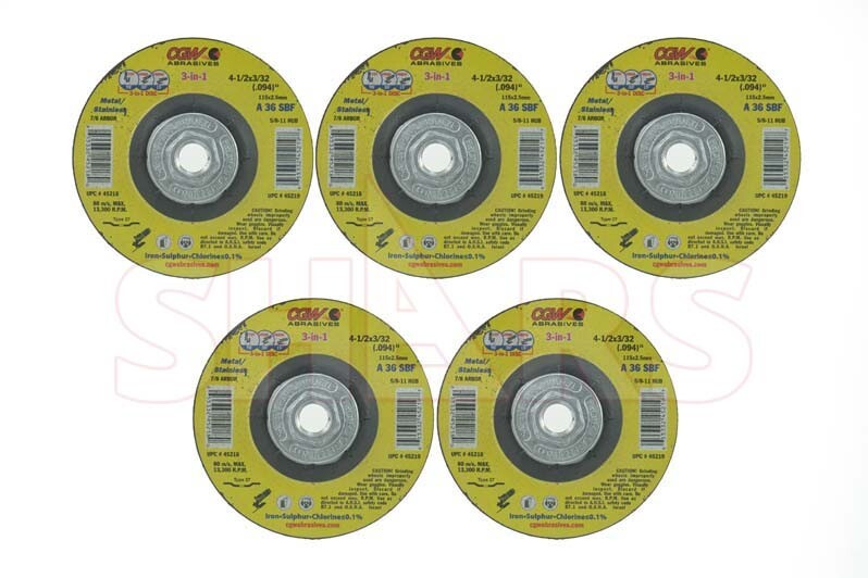 CGW 5 PCS 4-1/2 x 3/32 x 5/8-11 36 Grit Type 27 Aluminum Oxide Cutoff Wheel S|
