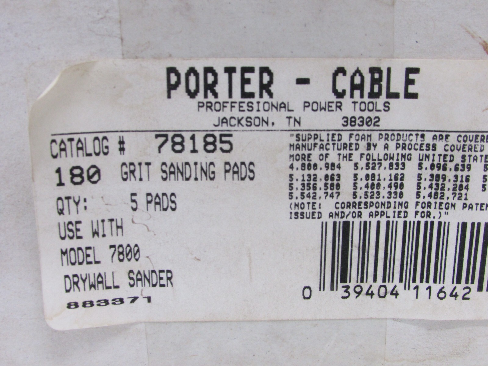 LOT of (5) PORTER CABLE 9″ DRYWALL SANDING PADS, 180 GRIT, #78185