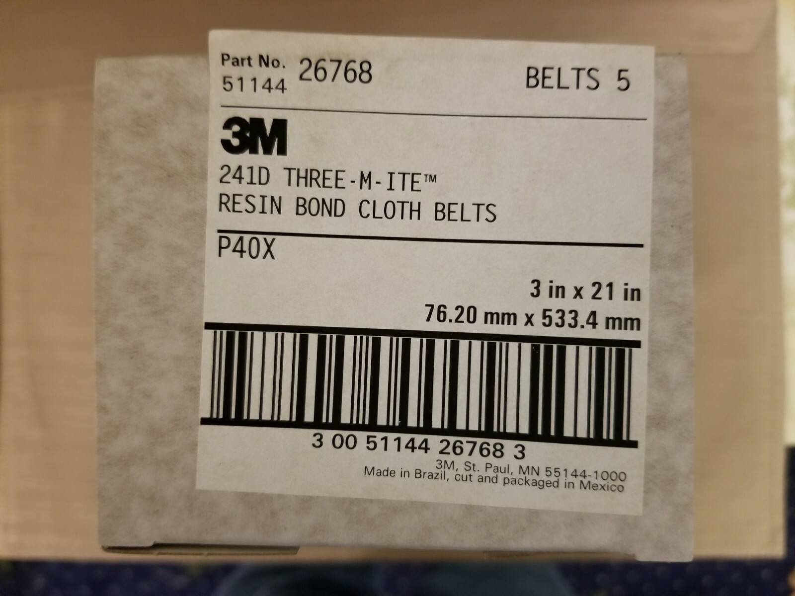 5 pack 3M Three-M-Ite Resin Bond Cloth Belts, 3″x21″ Sanding Belts (241D) P40X