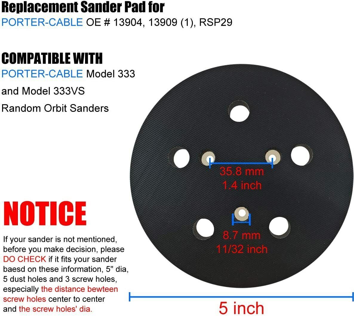 5″ Orbital Sander Replacement Pad Hook & Loop 5-Hole for PORTER-CABLE 333, 333VS