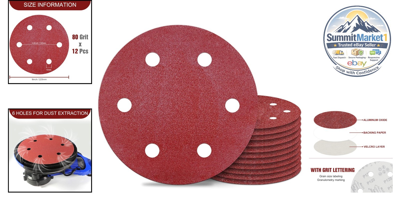 80 Grit Sanding Discs 9 Inch 6 Hole Hook and Loop 12PCS