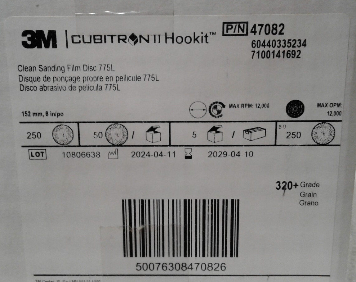 Box of 250 3M 47082 775L Cubitron II Hookit Clean Sanding Film Disc 152mm 320+
