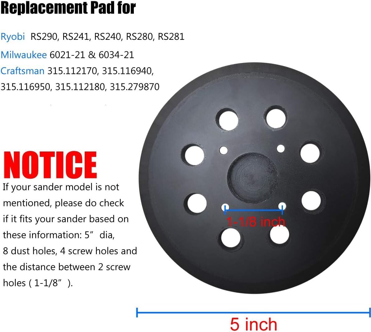 2 Pack 5 Inch 8 Hole Hook-and-Loop Orbital Sander Pad for Ryobi RS290, RS240,