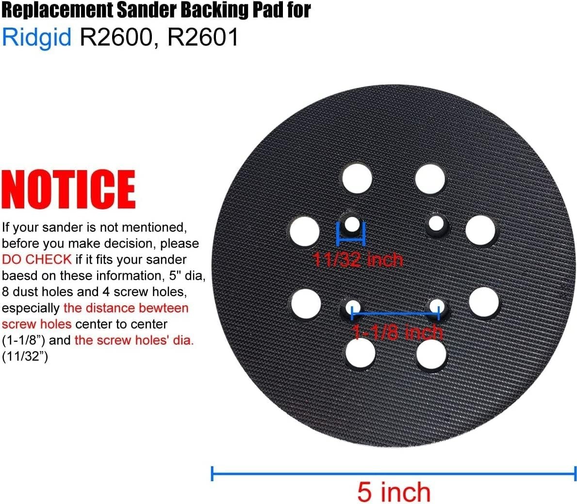 2 Pack 5 Inch 8 Hole Hook and Loop Sander Pad for Ridgid R2600, R2601 5″