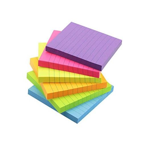 6 Bright Color Lined Sticky Notes Self-Stick Notes 3 in x 3 in, 100 3×3 in