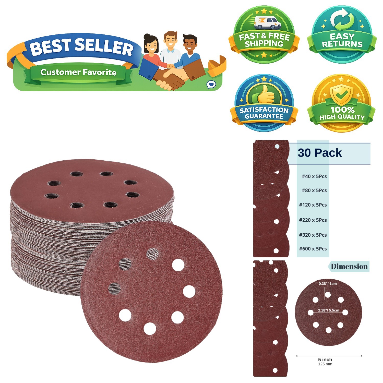 Bates 5-Inch Sanding Discs 30 Pack, Assorted Grits 40-600 for Perfect Finishes