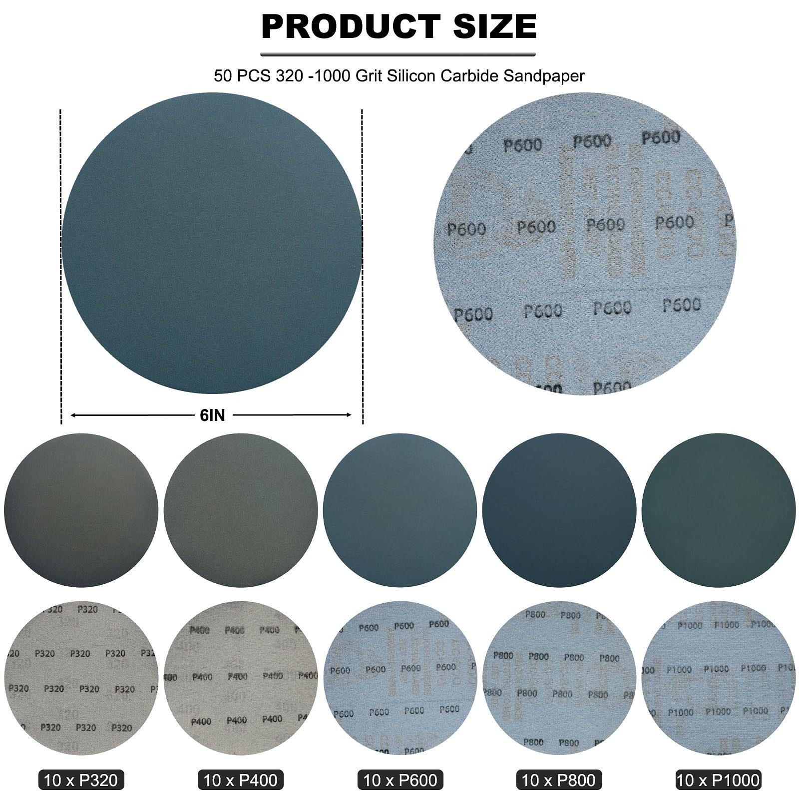 50 PCS 6 Inch Hook and Loop Sanding Discs Assorted- 320 400 600 800 1000 Grit…