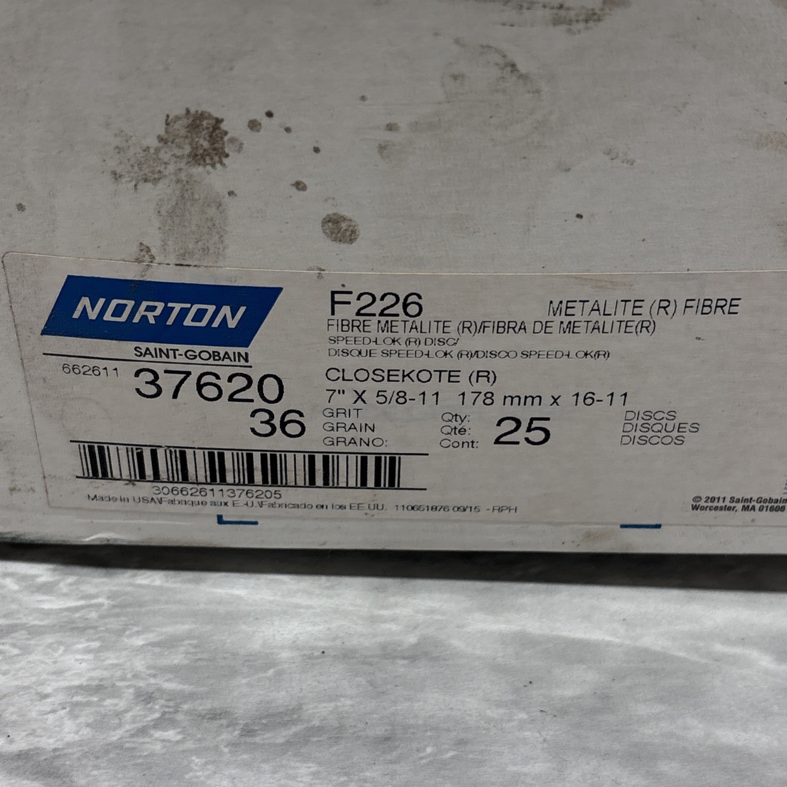 Norton 7″ x 5/8-11 x 178mm x 16-11 36 Grit Fibre Discs 25pcs 66261137620
