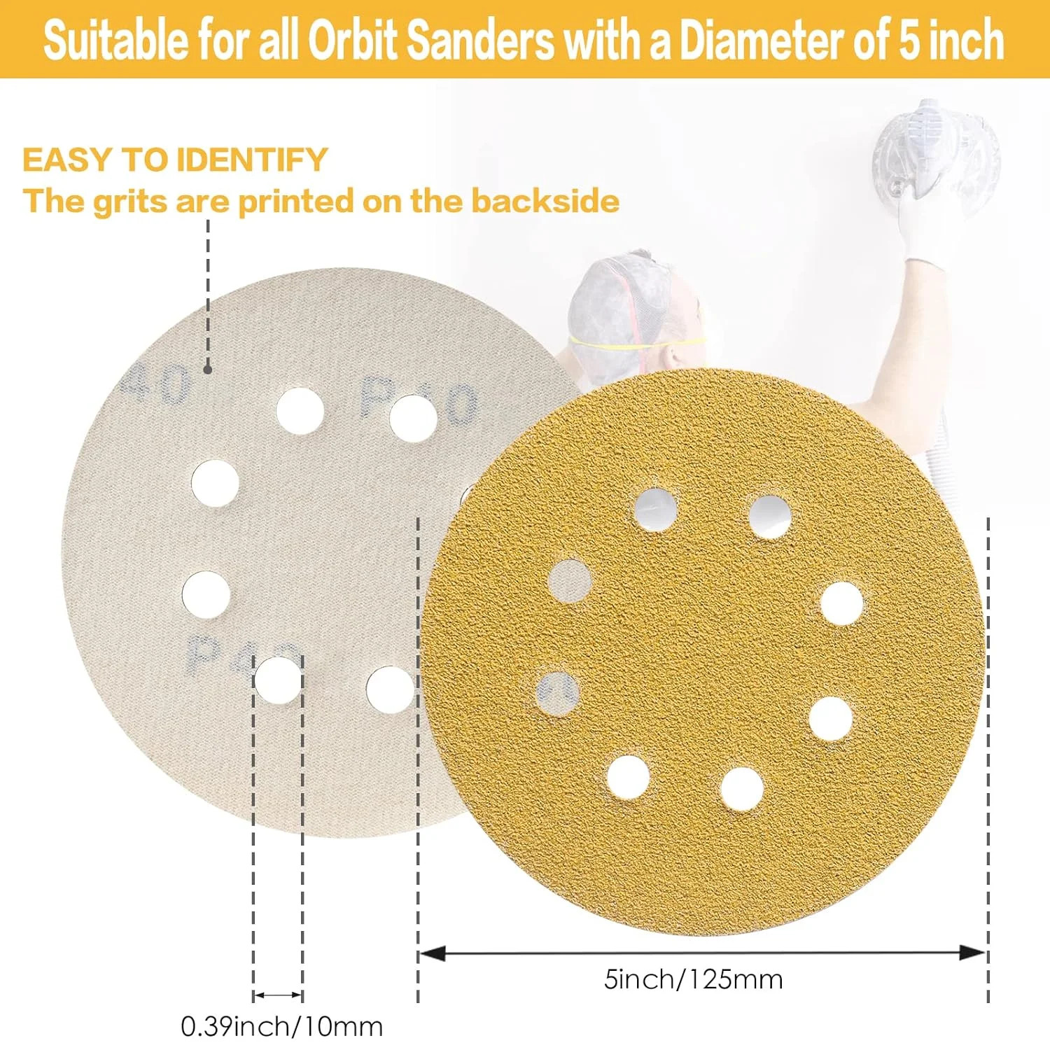 100PCS 5 Inch 8 Hole Sanding Discs 60 Grit,Gold Round Hook and Loop Sandpaper fo
