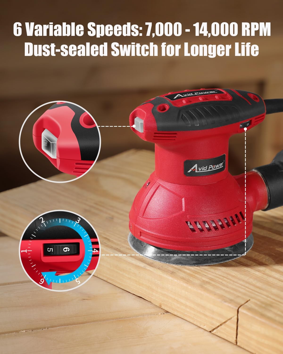 AVID POWER Orbital Sander 3.0 Amp 5 Inch Electric Sander Tool 6 Variable Speeds
