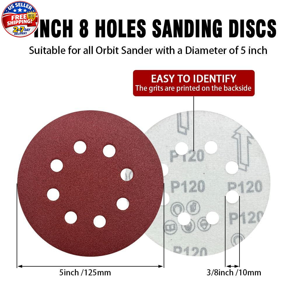 52 Pack 5 Inch 8-Hole Hook and Loop Sanding Discs Sandpaper Red Round 60 80 120