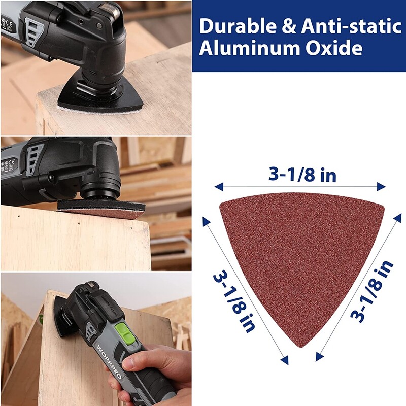 WORKPRO 150PCS Triangle Sanding Pads 3-1/8″ Hook Loop for Oscillating Multi Tool