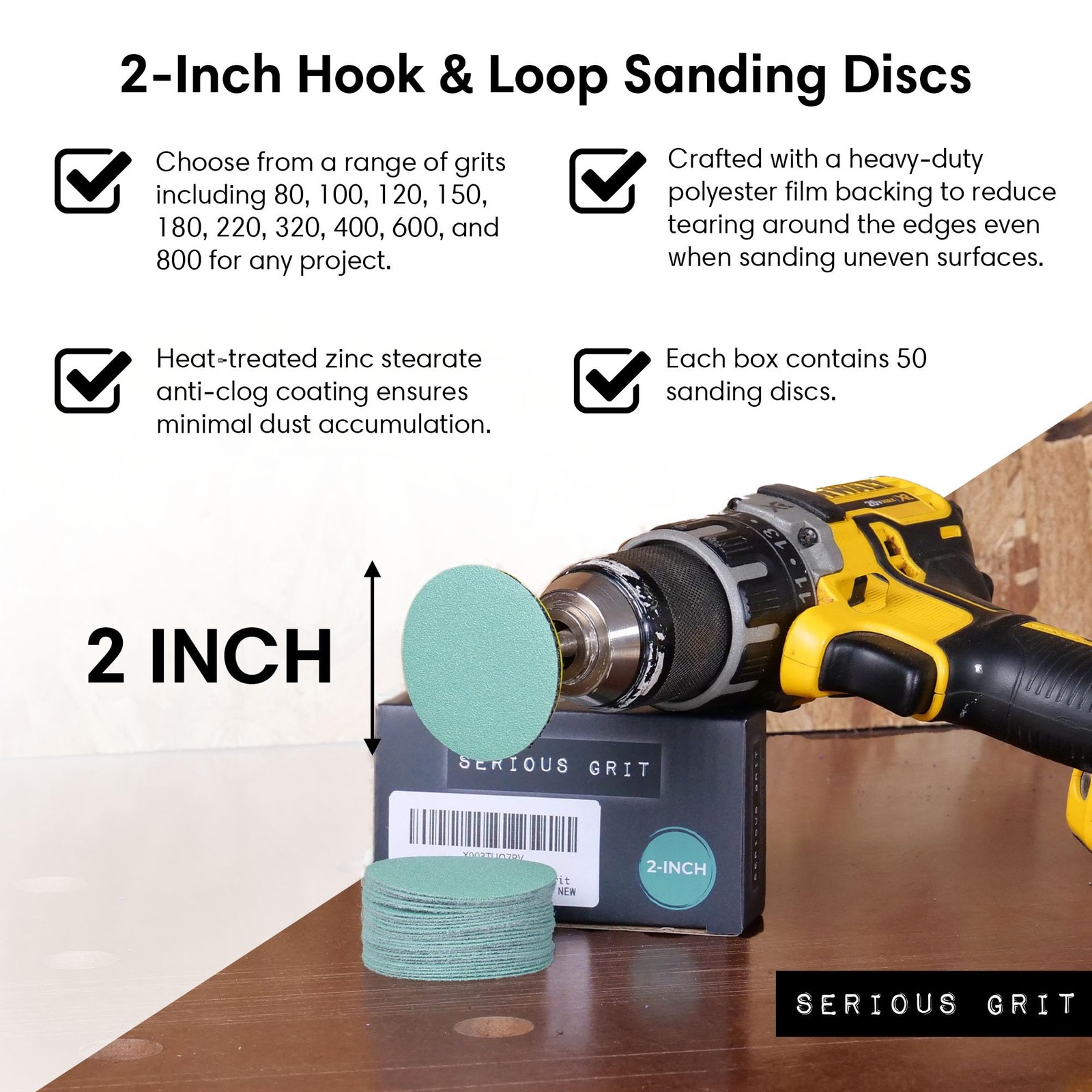 Serious Grit – 2-Inch Sanding Disc Assortment – 80 120 150 180 220 Green