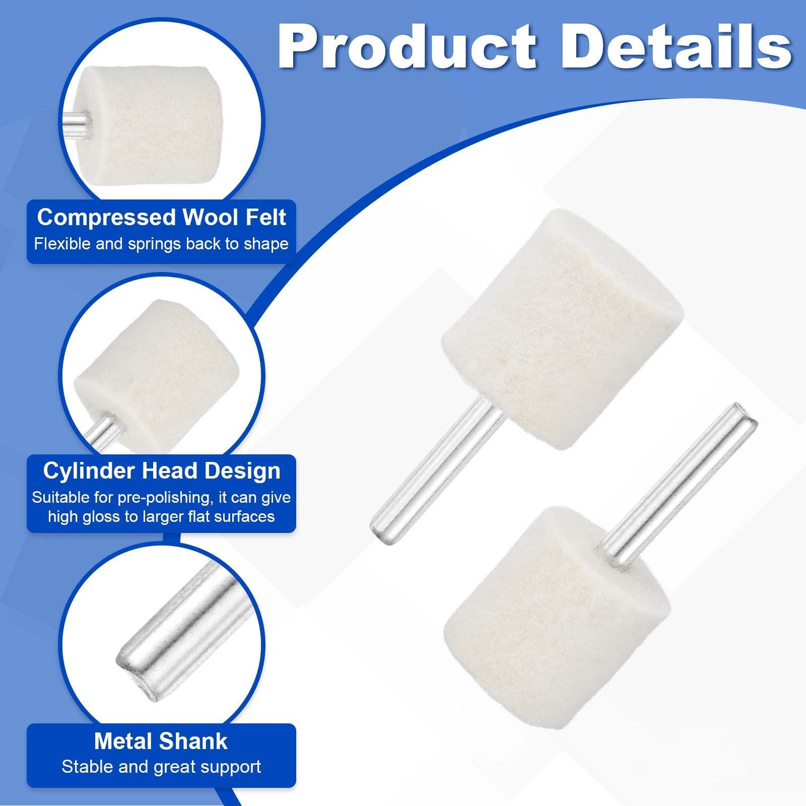 10 Pcs Wool Felt Mounted Mandrel Points 25mm Cylinder Head with 1/4″ Shank