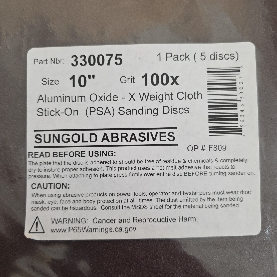 330075 100 Grit PSA Stick-On Sanding Discs 5 Pack 10 inch for Stationary
