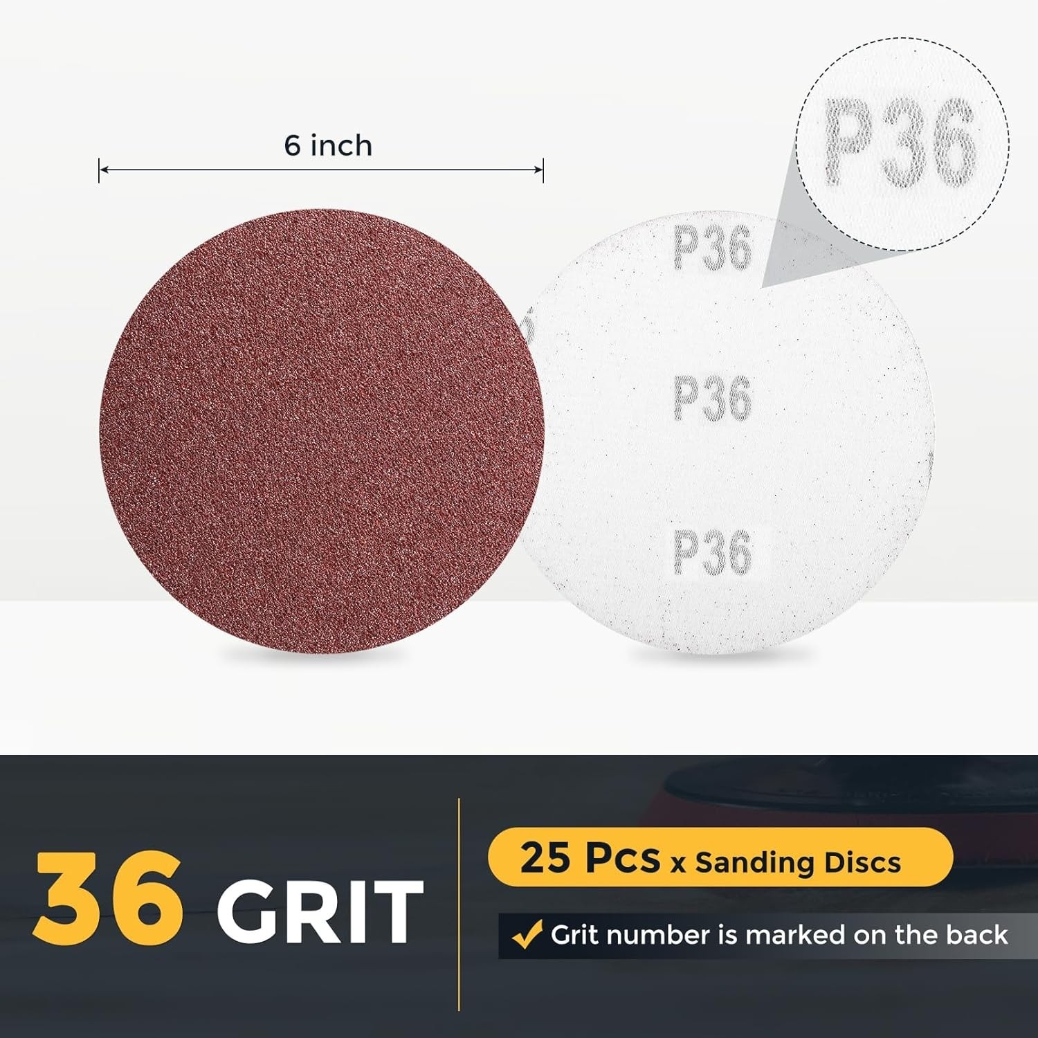 25 Pcs 6 Inch Sanding Discs, 36 Grit Hook and Loop Sandpaper, No-Hole Aluminu…