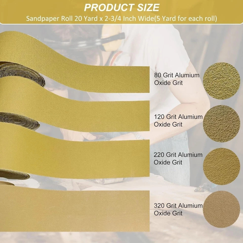 20 Yd 2-3/4 PSA Sandpaper Roll Set 80 120 220 320 Grit Auto Body Woodworking