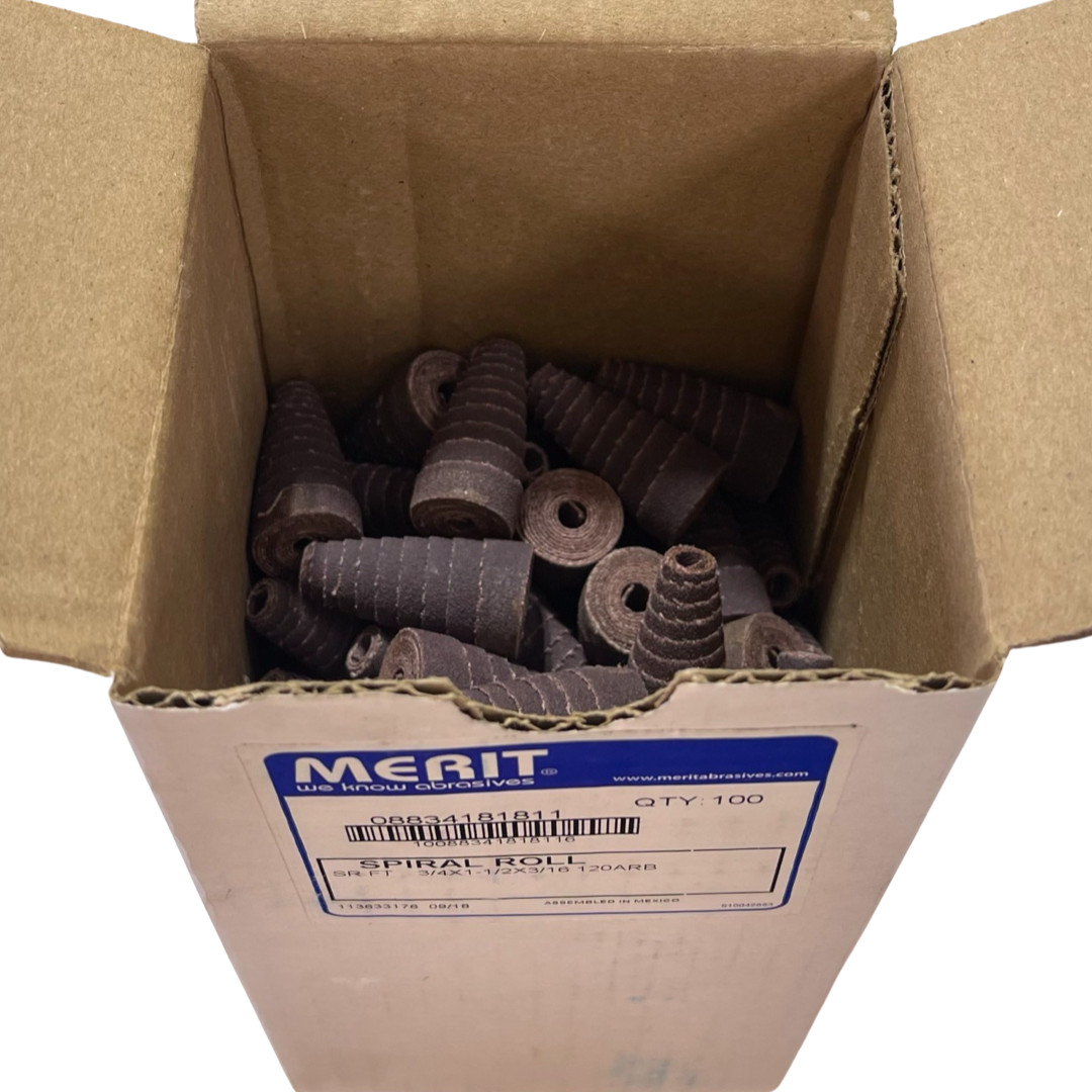 Merit 3/16″ x 1-1/2″ x 3/16″ Spiral Roll 120 Grit Aluminum Oxide 100 Pack