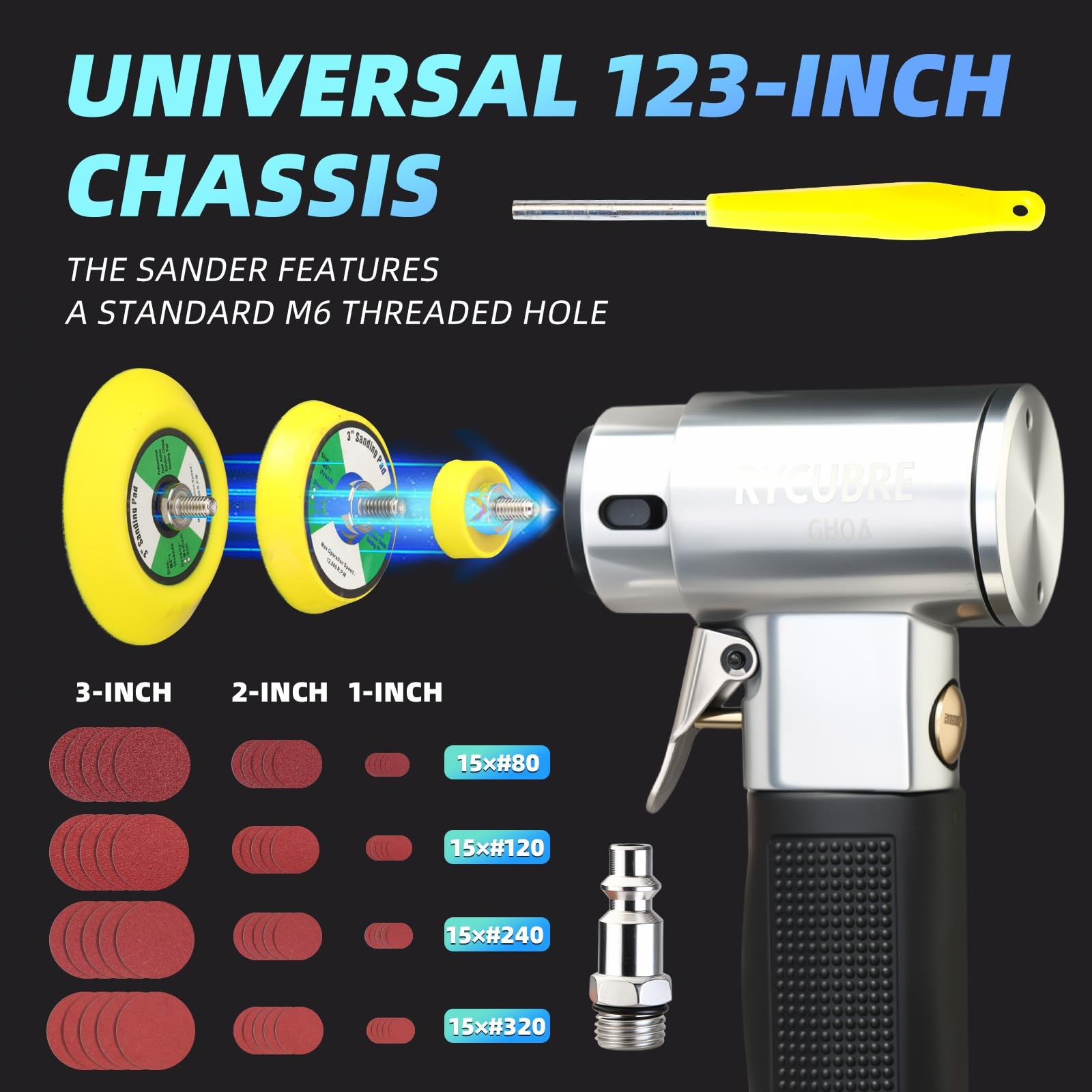 3 Inch Orbital Sander, Air Sander with 1/2/3 1/2/3inch, White、black