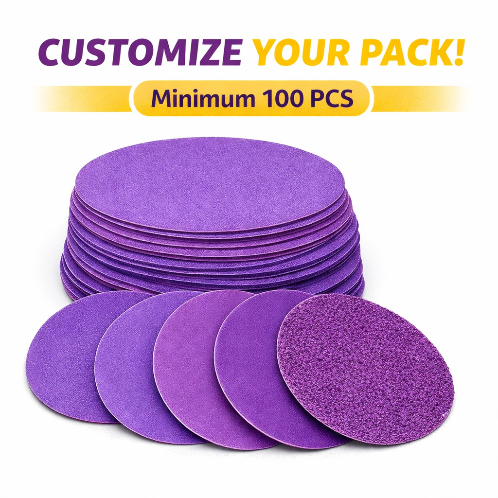 100 PCS 6 inch Sandpaper Discs Custom Pack Mix P40–P3000 Hook & Loop Purple