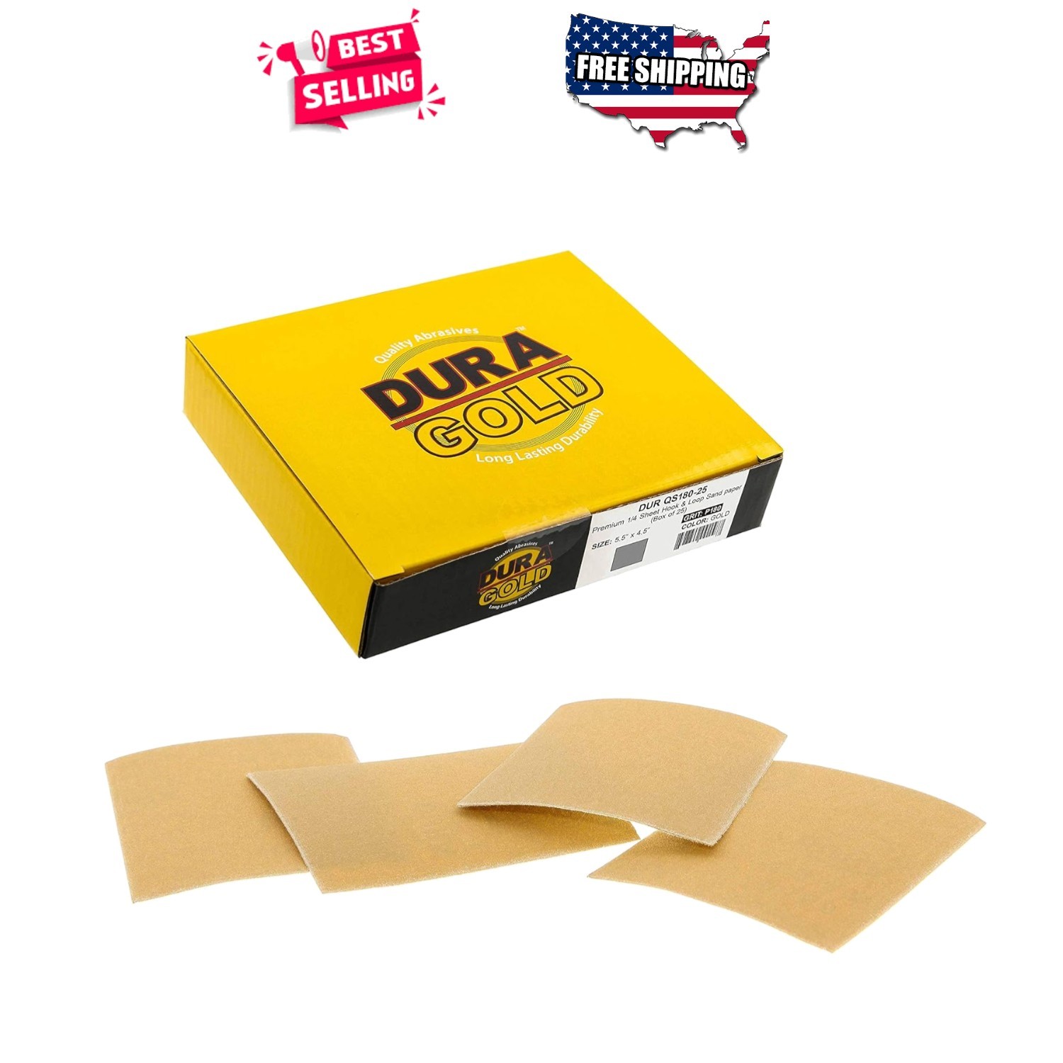 1/4 Sheet 180 Grit Sandpaper Gold Hook & Loop 4.5×5.5in for Palm Sander 25pcs