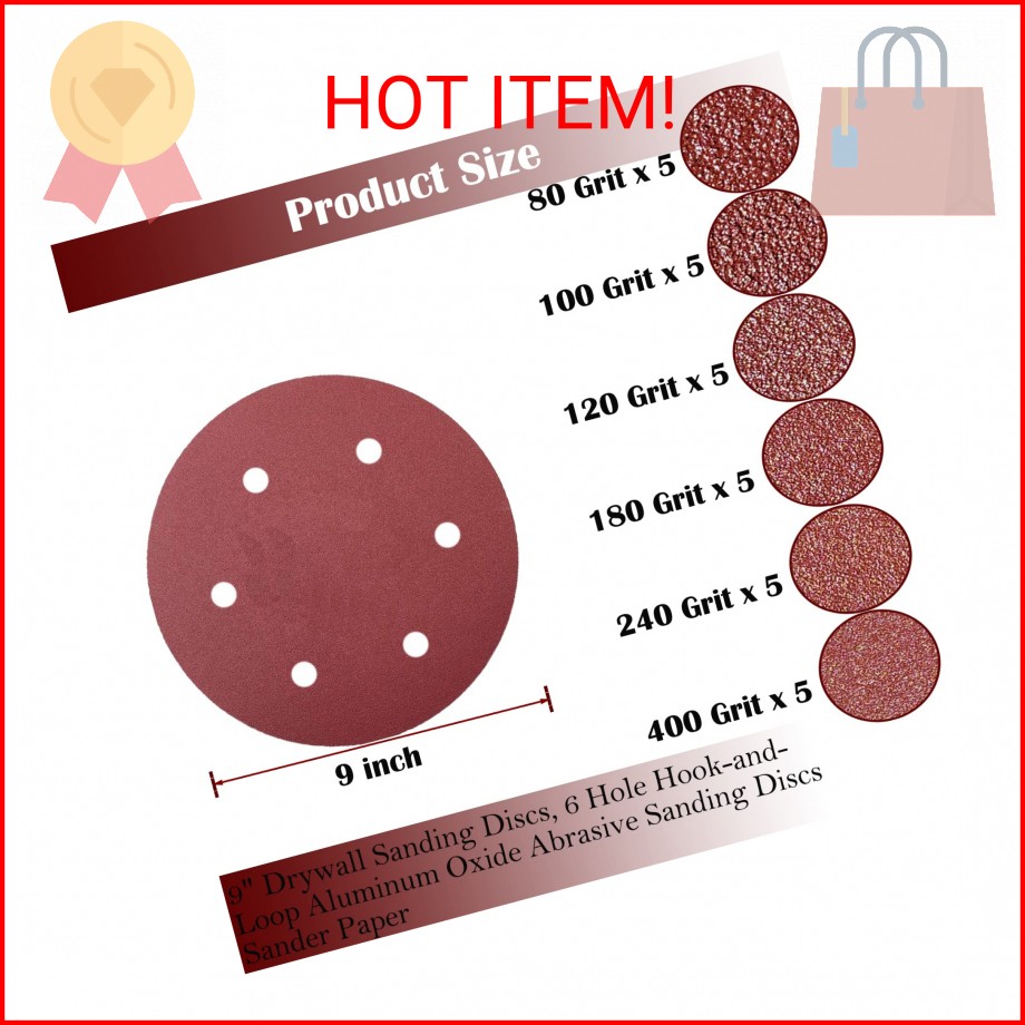 30 PCS 9 Inch 6 Hole Drywall Sanding Discs Set- 80 100 120 180 240 400 Grits, 9″