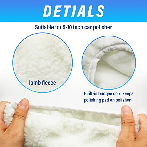 6 PCS Car Polishing Bonnet Buffing Pad Lamb 9-10 Inch White (Lamb Fleece)