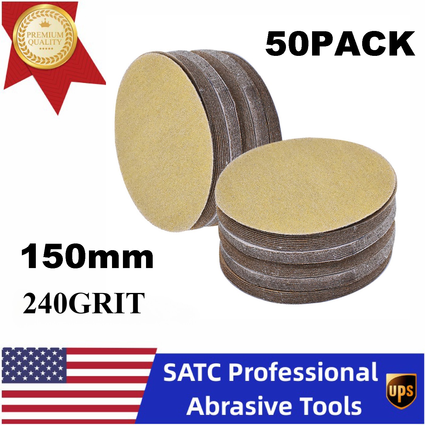 50PCS 150mm 6 Inch Gold sandpaper No Hole Hook & Loop Grip Sanding Disc 240 Grit