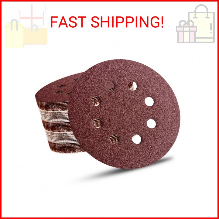 52 Pack 5 Inch 8-Hole Hook and Loop Sanding Discs Sandpaper Red Round 60 80 120