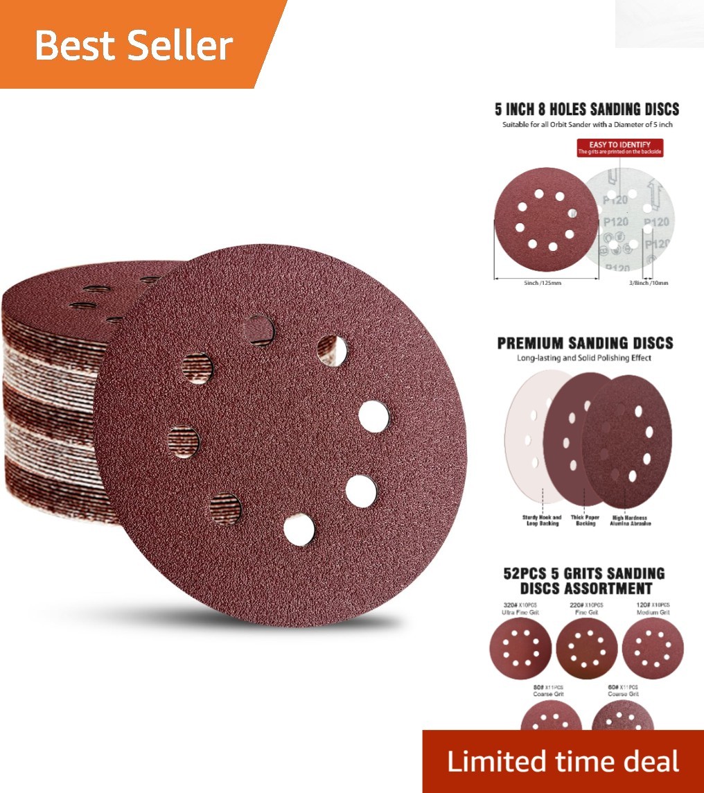 52 Pack 5″ Hook and Loop Sanding Discs for Orbital Sanders – Mixed Grits
