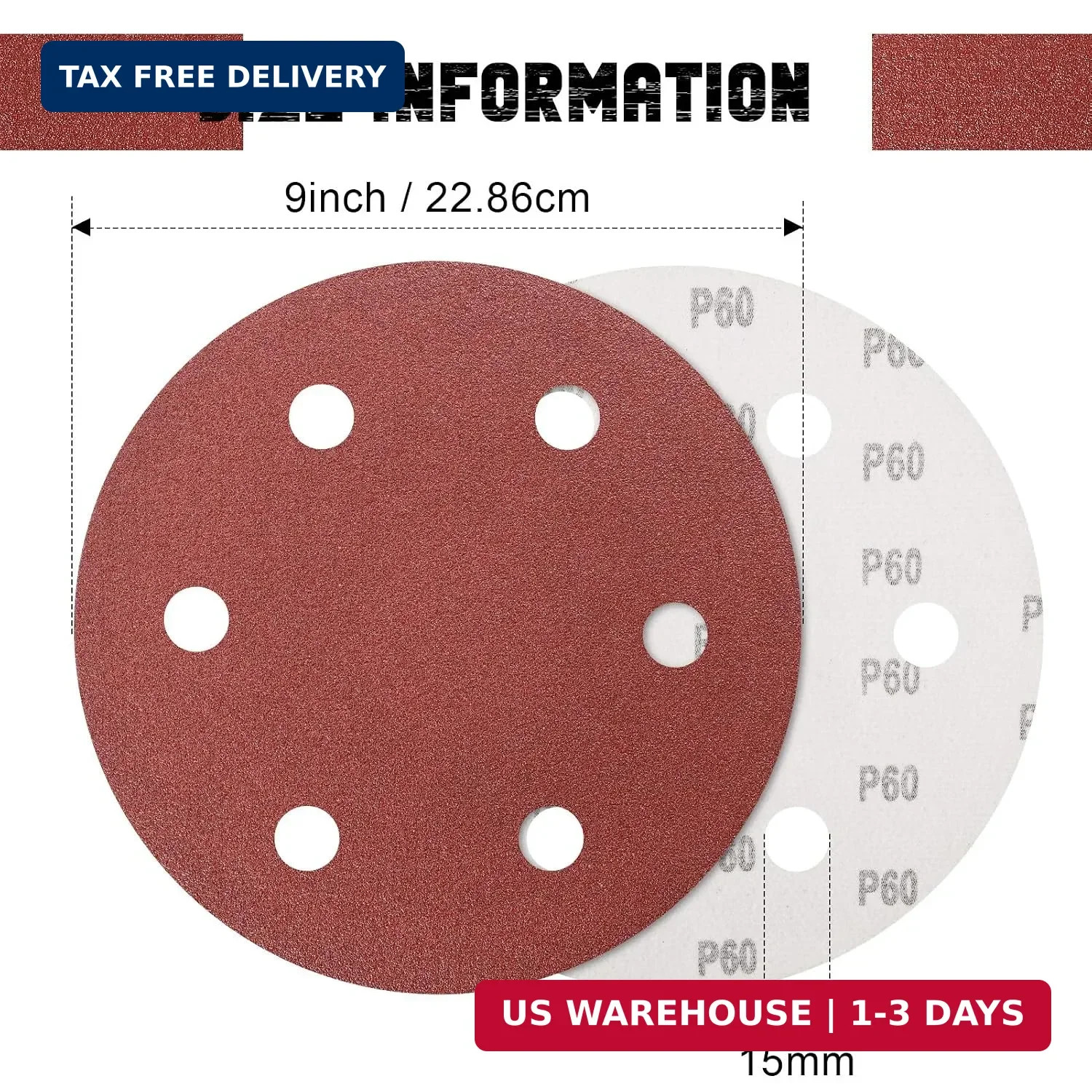 9 Inch 6 Hole Sanding Disc, 60 Grit 15 Pieces Hook and Loop Sandpaper A