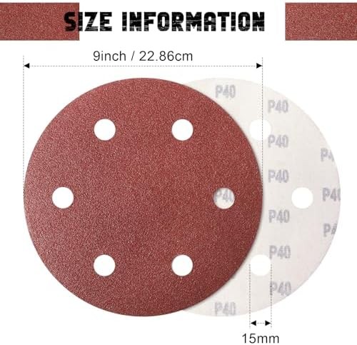 9 Inch 6 Hole Sanding Disc, 40 Grit 15 Pieces Hook and Loop Sandpaper Aluminum O