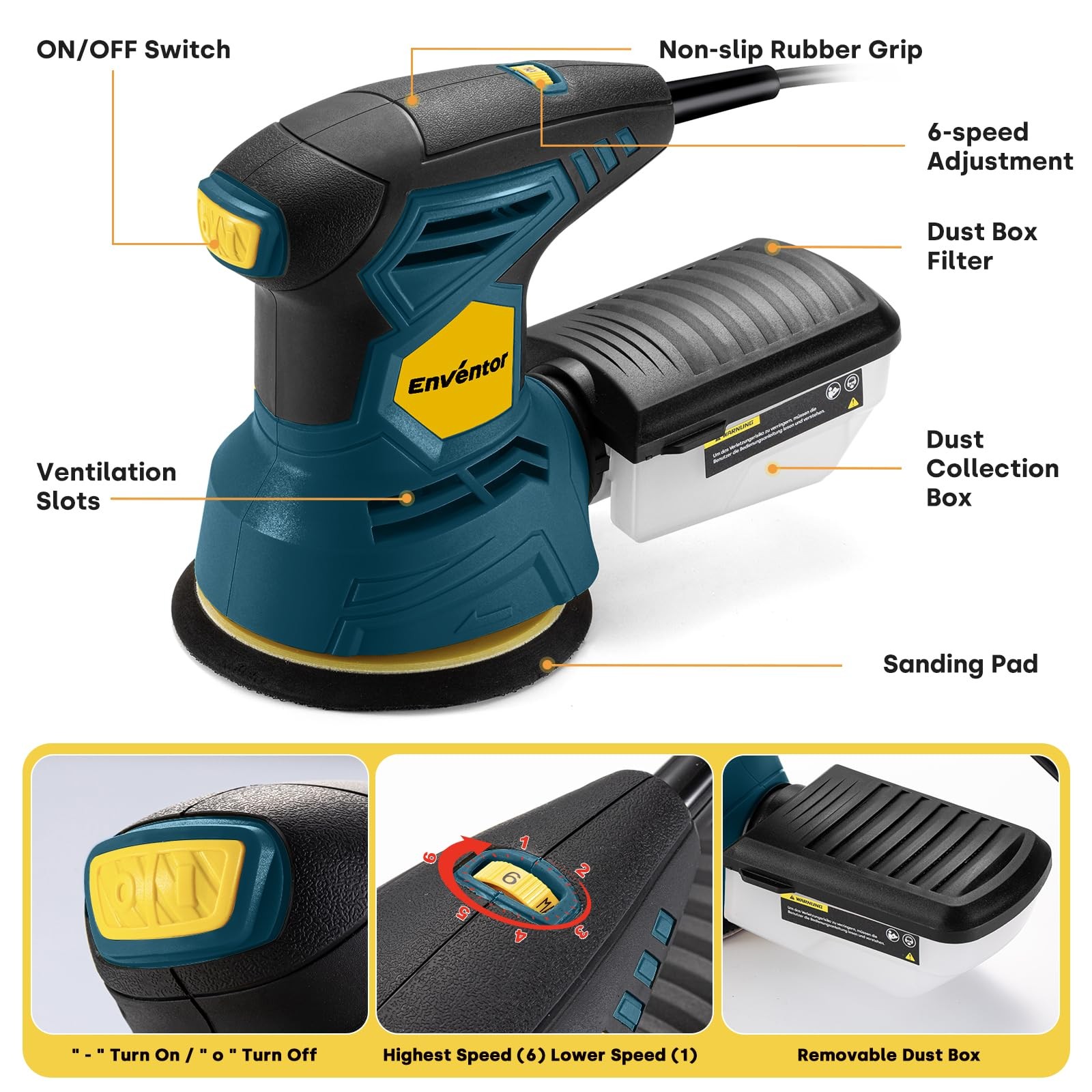 Enventor 2.5A Random Orbital Sander, 300W 5-Inch Electric Sander